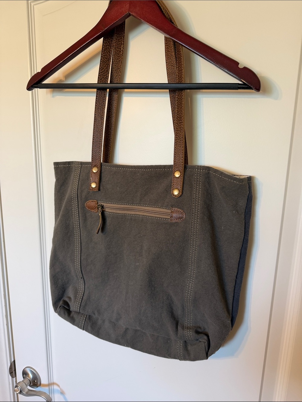 Myra Bag Black and Cream Floral Canvas Tote with Brown Trim - Picture 3 of 6